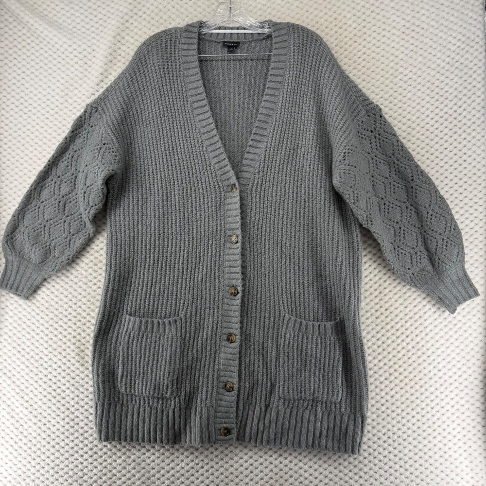 TORRID Boyfriend Cardigan Sweater Gray Knitted Longline Pointelle Sleeve‎  1X